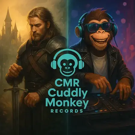 CuddlyMonkeyRecords Bild mit Logo Linken Seite Svaihymn und auf der rechten Dj Cuddly Monkey in der Mitte Das Label Logo von CuddlyMonkeyRecords