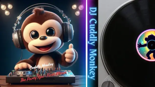 The Party Ape - Cuddly Monkey Ein Bild über das Albumcover und einer Schallplatte vo DJ Cuddly Monkey´s ersten Album