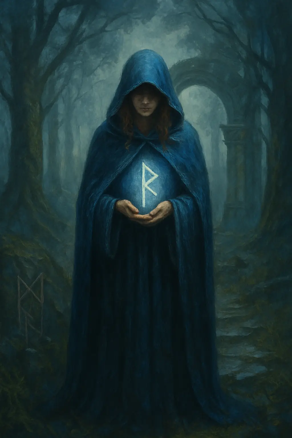 Eine Frau steht in einem geheimnisvollen Wald mit einer leuchtenden Rune – Symbol für Magie, Schicksal und den Ursprung der musikalischen Geschichten von Svaihymn.