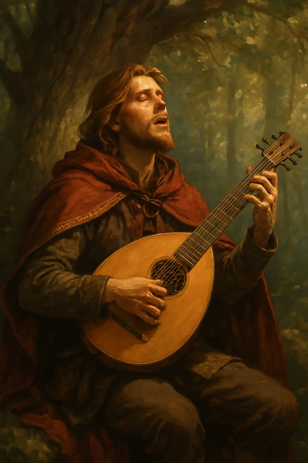 Ein Barde sitzt entspannt an einem Baum und hält sein Instrument – er verkörpert die erzählende Seele von Svaihymn, in der Musik zur Erinnerung wird.